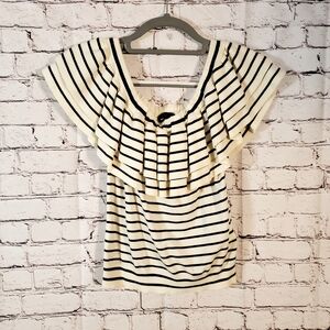 NWOT J. Crew Striped Off-the-Shoulder Ruffle Sweater Navy / Ivory Size XS